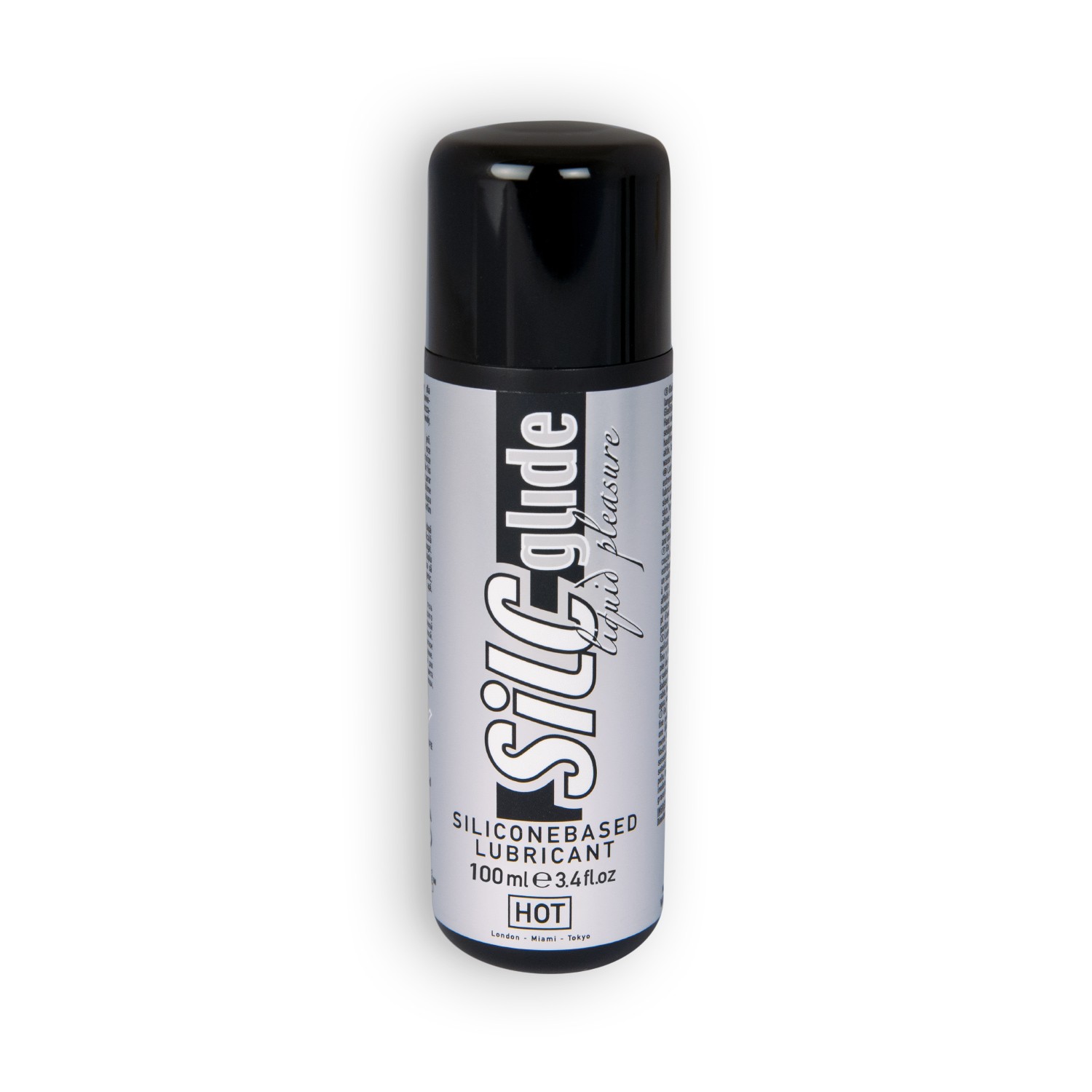 Frasco de lubrificante à base de silicone com rótulo cinza