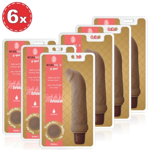 Seis vibradores marrons em embalagens transparentes rotuladas NATURAFEEL VG g-spot