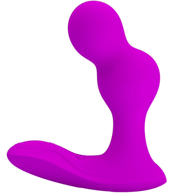 Produto em silicone rosa choque, formato anatómico com duas esferas e base larga.