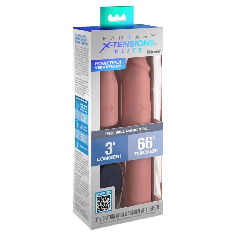 Embalagem de extensão vibratória em silicone cor pele com controlo remoto preto e texto em inglês