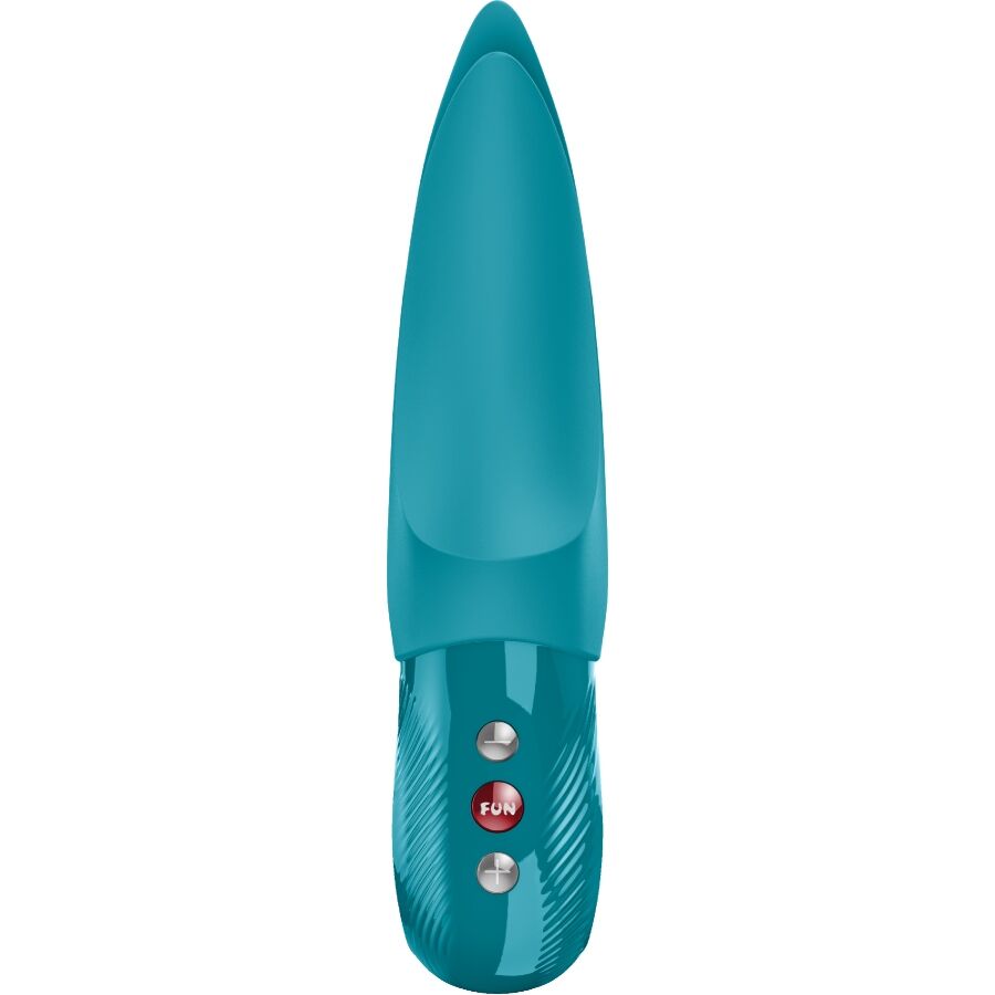 Aparelho azul com botões e a palavra FUN no botão vermelho.