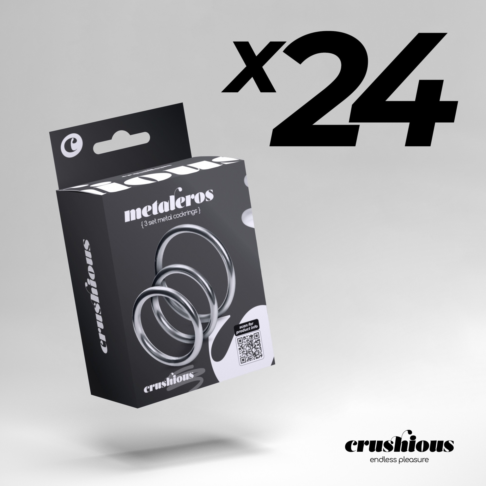 Caixa preta com anéis metálicos prateados e texto metaleros (3 pcs metal cockrings)