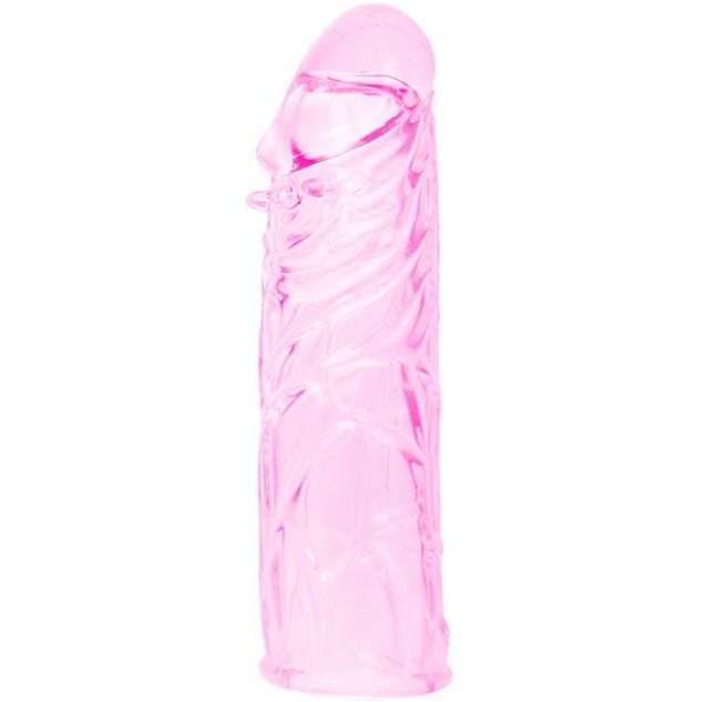 Produto cor-de-rosa translúcido em forma fálica com textura detalhada