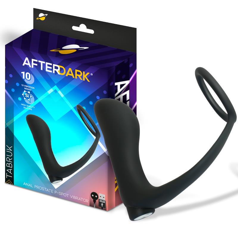 Vibrador anal preto junto à sua embalagem com texto AFTERDARK e indicação de 10 modos de vibração