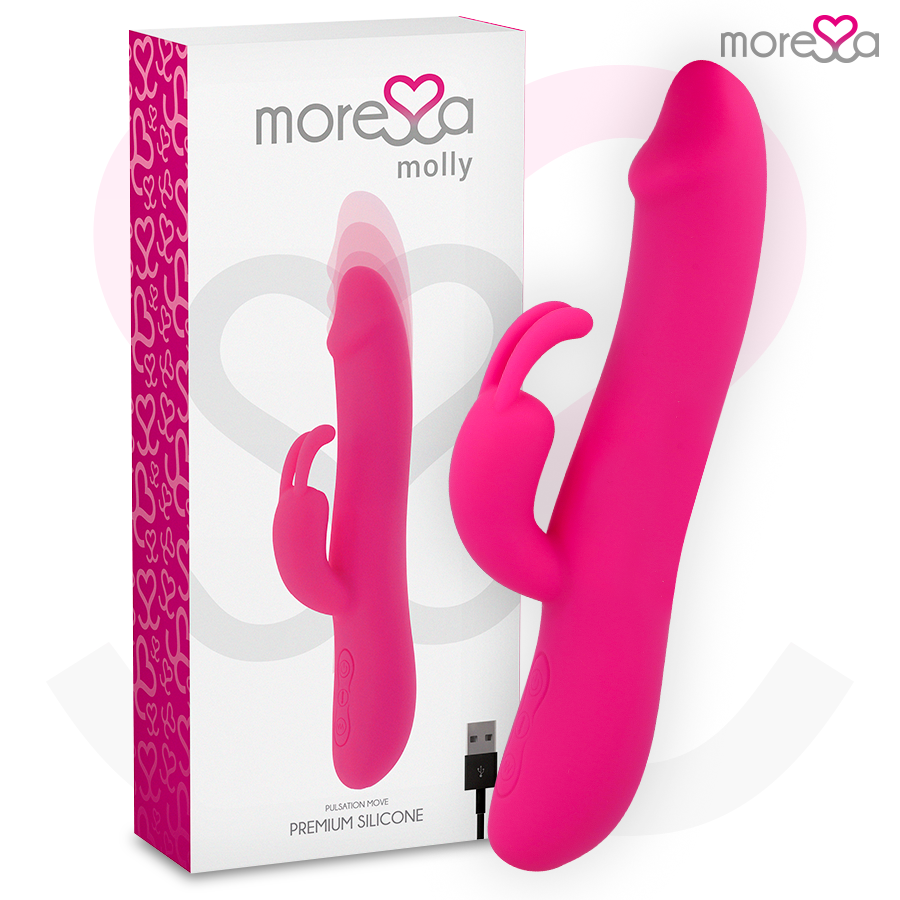 Vibrador rosa em silicone premium com estimulador e controlo, ao lado da embalagem branca com rosa.
