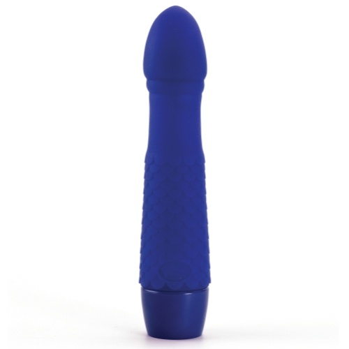 Vibrador azul com textura em relevo e base arredondada