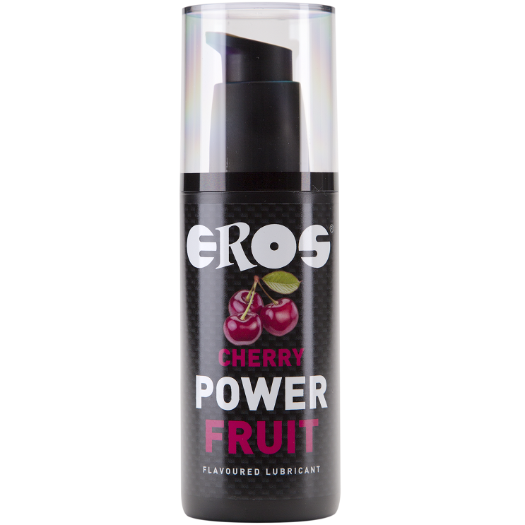 Frasco preto de lubrificante com imagem de cerejas e texto EROS CHERRY POWER FRUIT