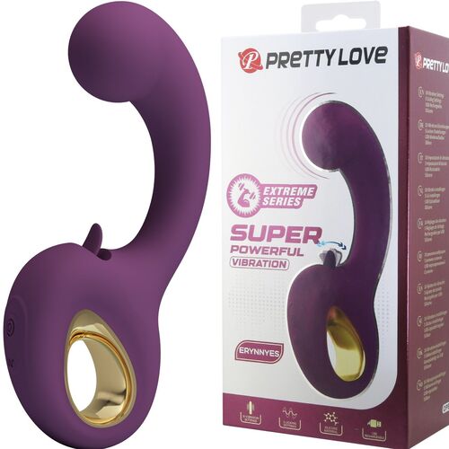 Vibrador rosa roxo curvo com embalagem branca mostrando o produto e texto promocional.