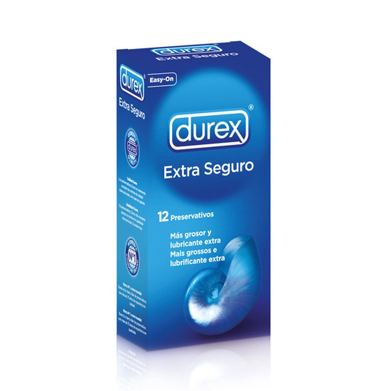 Embalagem azul de preservativos Durex Extra Seguro com texto e imagem de concha azul
