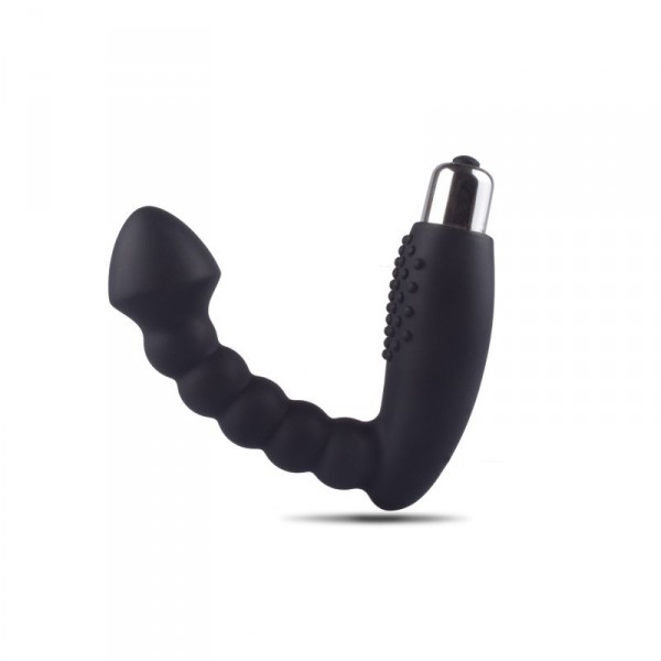 Produto preto de silicone curvo com ponta metálica prateada e textura com relevos
