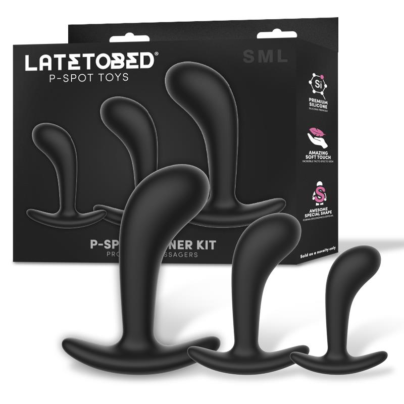 Conjunto de três massageadores P-Spot em silicone preto com diferentes tamanhos e caixa preta
