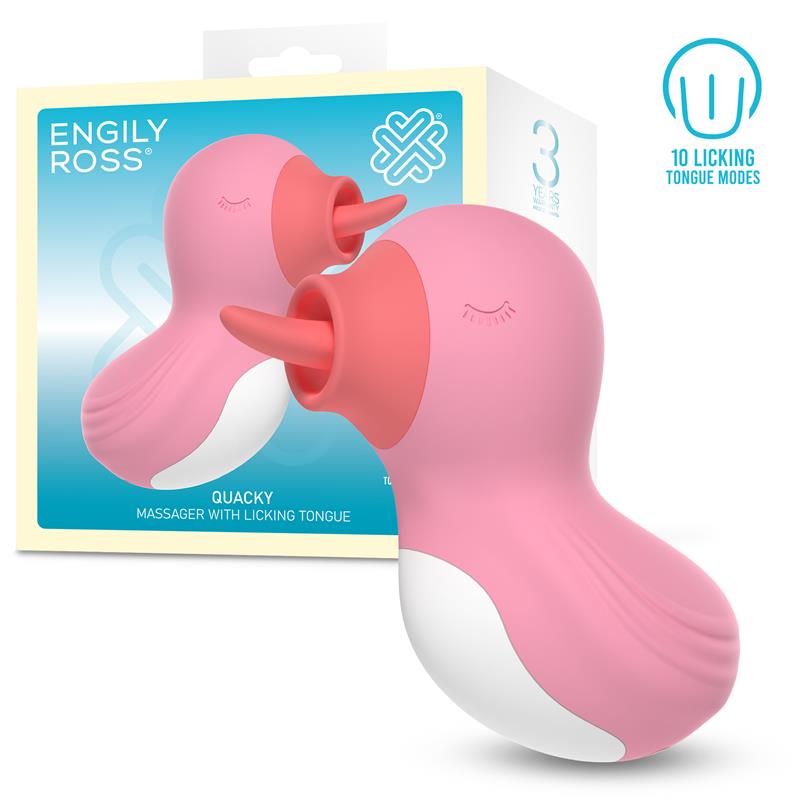 Massajador em forma de pato rosa com língua vermelha e embalagem azul e creme