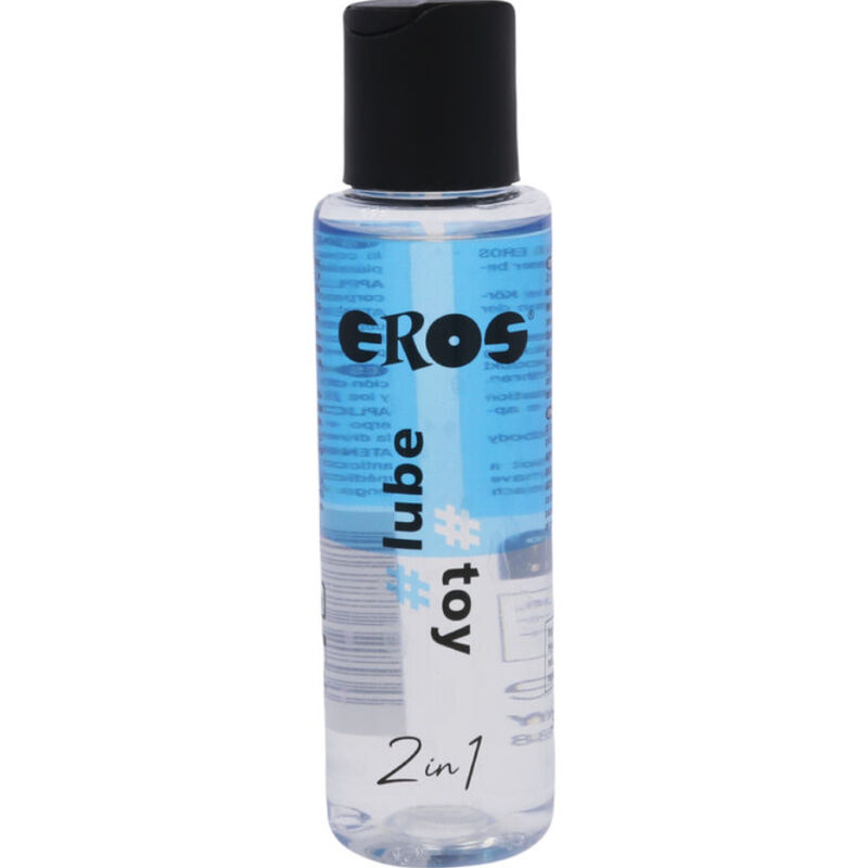 Frasco cilíndrico de gel lubrificante EROS com líquido azul e texto impresso.