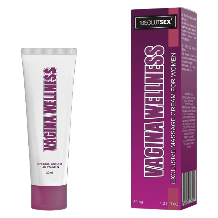 Tubo branco e caixa roxa de creme Vagina Wellness para mulheres
