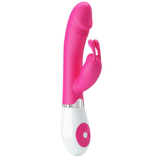 Vibrador rosa e branco com estimulador em forma de coelho