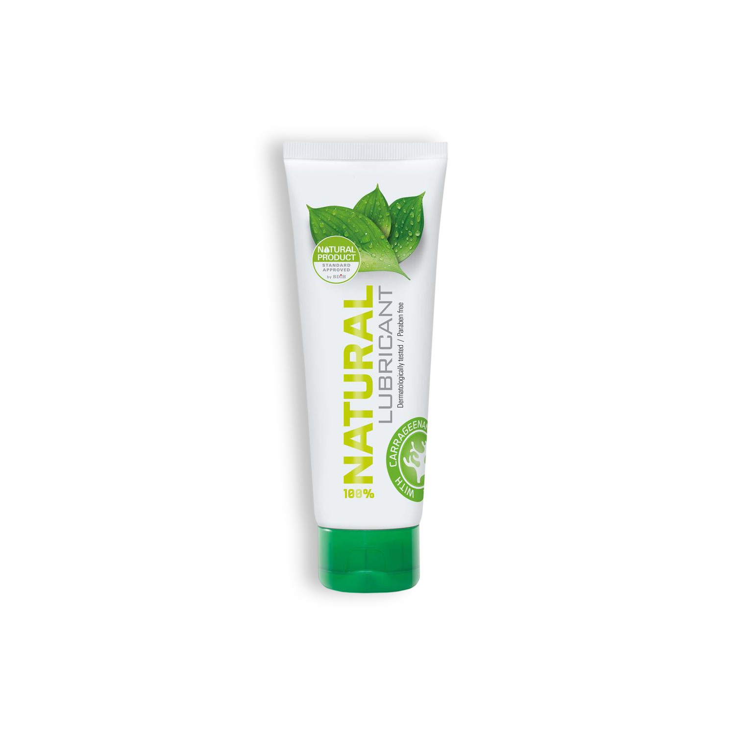 Tubo branco com tampa verde de lubrificante natural com folhas verdes e texto