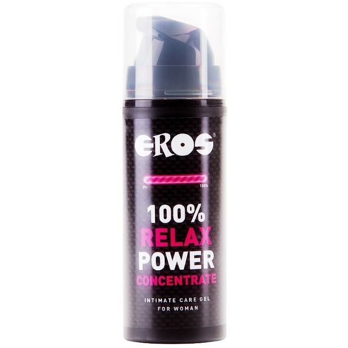 Frasco preto com gel íntimo Eros 100% Relax Power Concentrate
