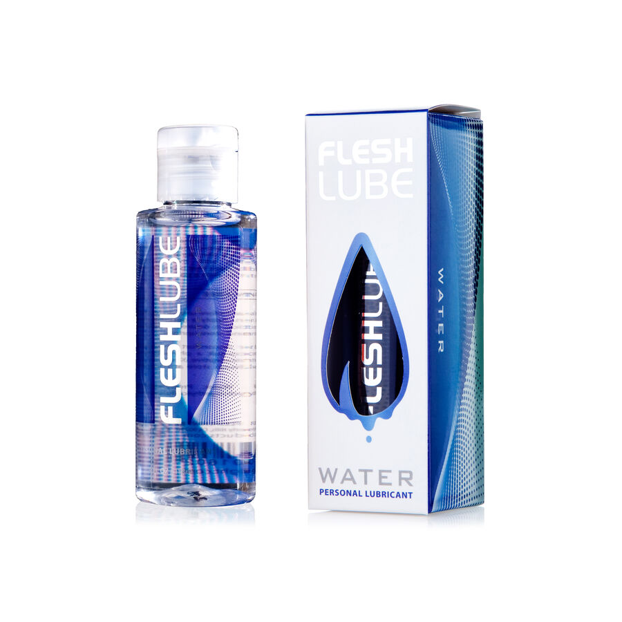 Lubrificante pessoal FLESH LUBE em embalagem transparente e caixa azul e branca