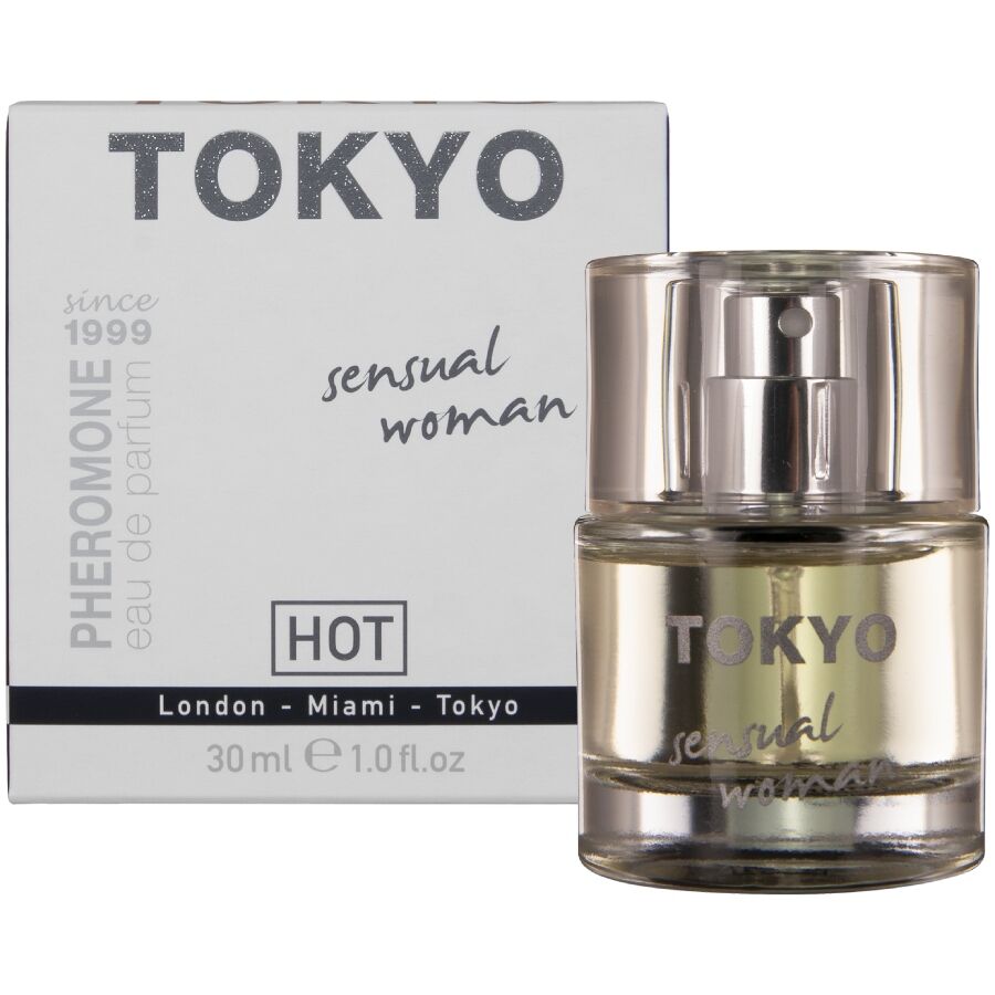 Frasco de perfume TOKYO sensual woman ao lado da embalagem branca com texto