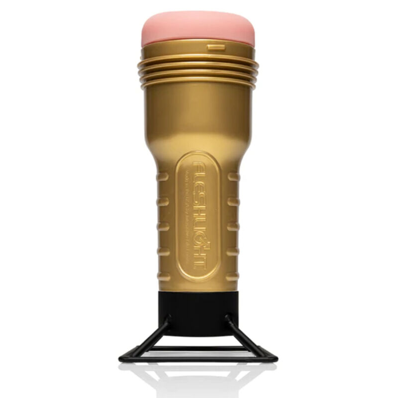 Produto cylindrical dourado com tampa rosa e base preta com texto em relevo