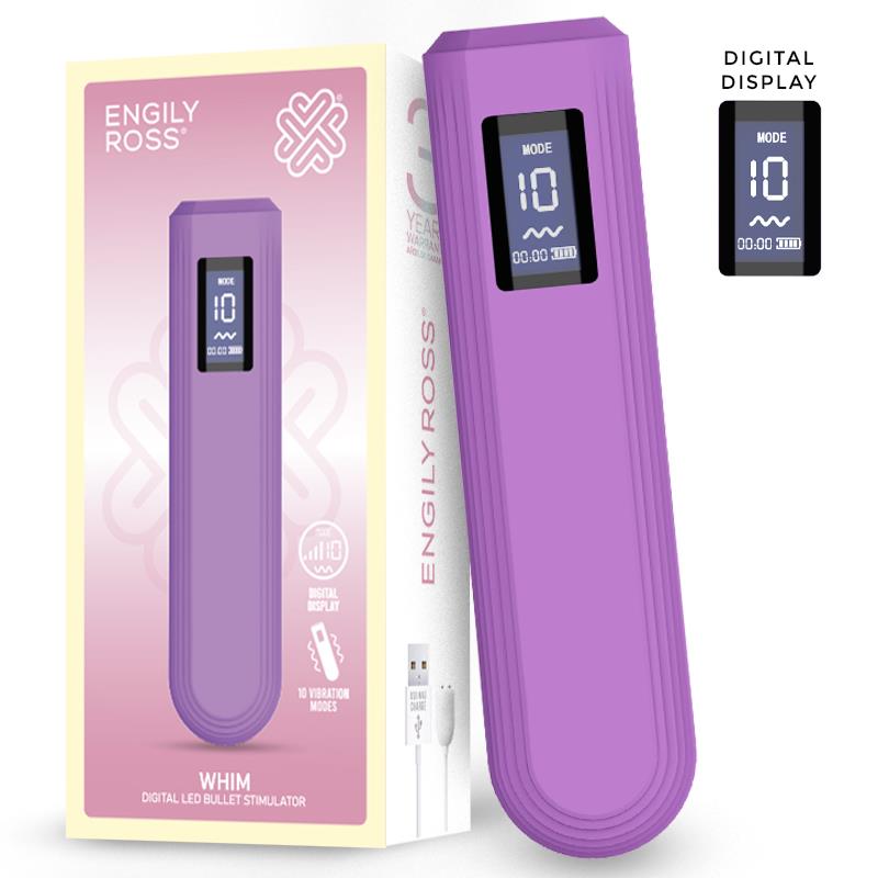 Estimulador bullet digital roxo com visor LED mostrando modo 10