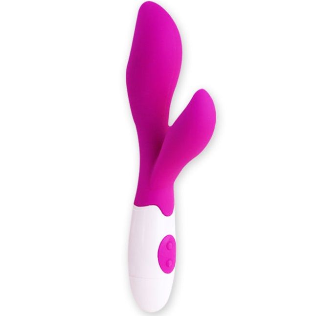 Vibrador rosa e branco com duas pontas e botões na base
