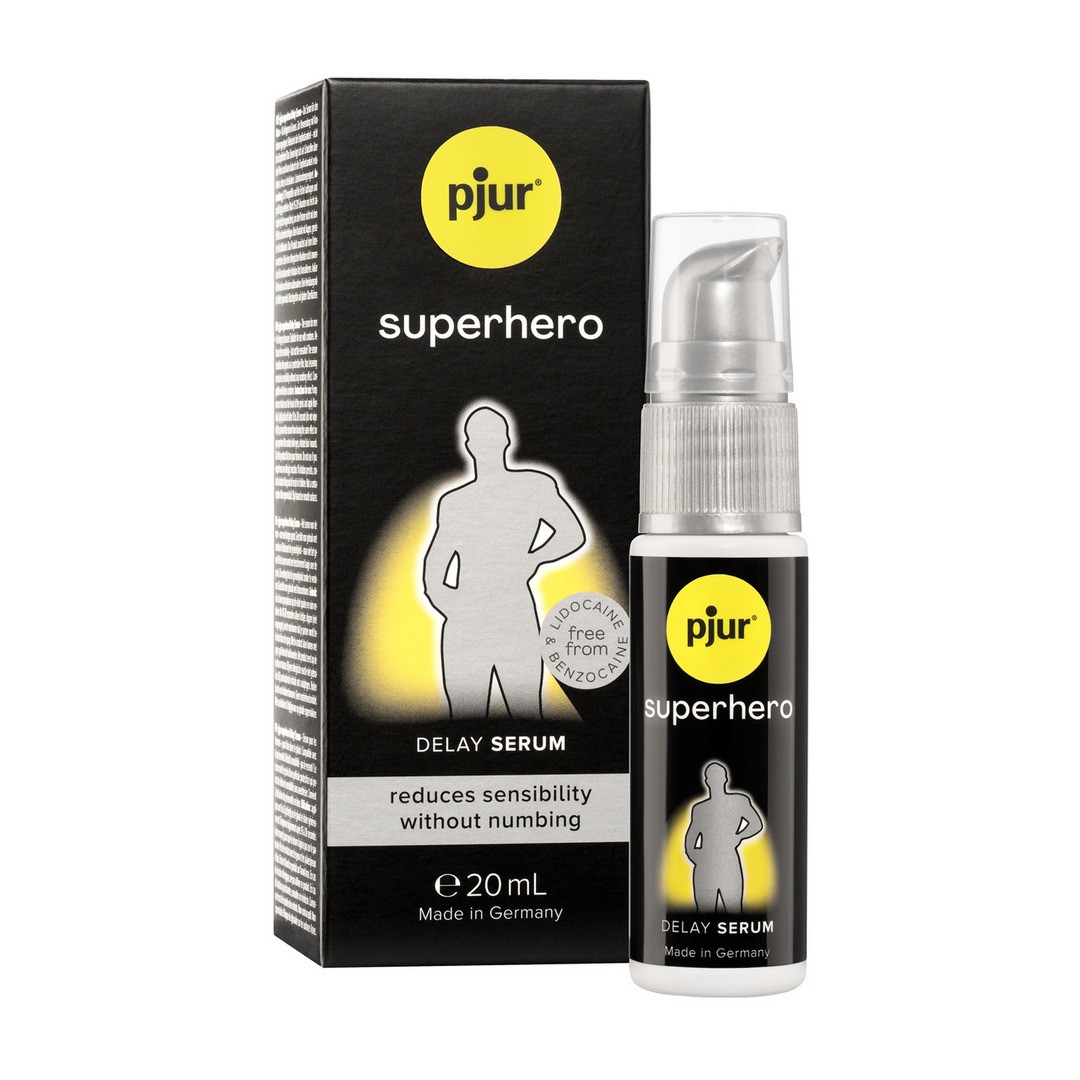Frasco e caixa de serum pjur superhero delay preto e amarelo em fundo branco