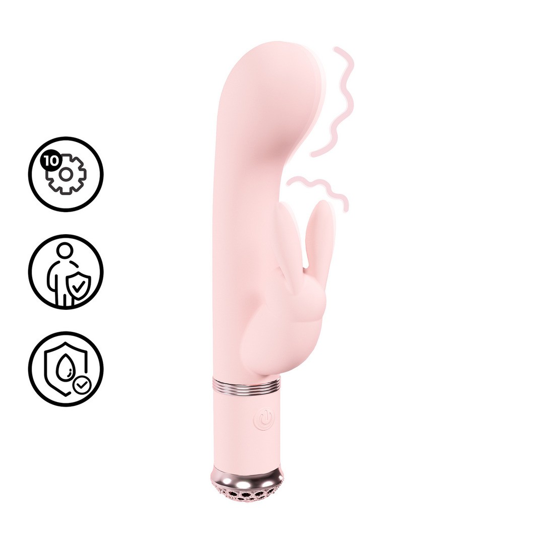 Vibrador rosa com estimulador em forma de coelho e ícones de funcionalidades