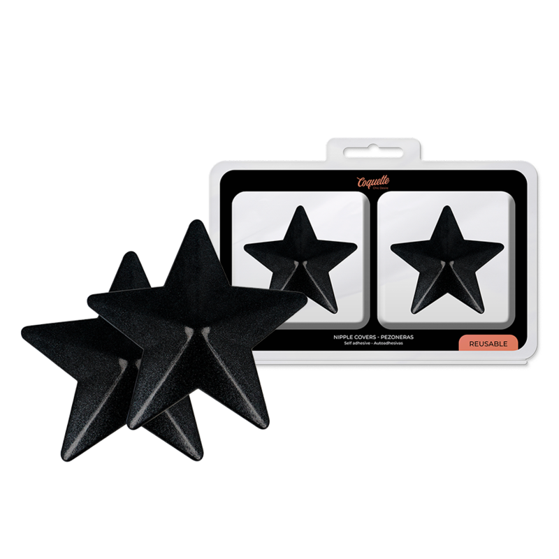 Capa para mamilos preta em forma de estrela em embalagem