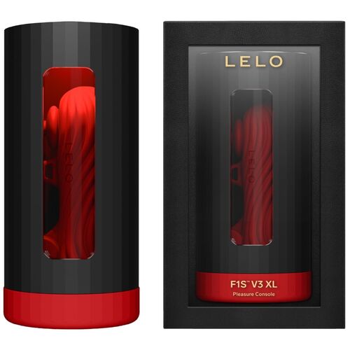 Caixa preta com produto vermelho visível e texto LELO F1S V3 XL Pleasure Console