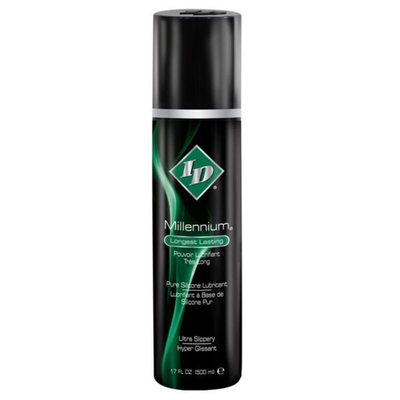 Frasco preto de lubrificante de silicone puro ID Millennium com texto verde e branco