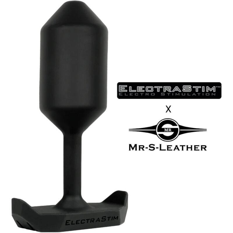 Plug anal preto de silicone com base larga e logotipos ElectraStim e Mr-S-Leather