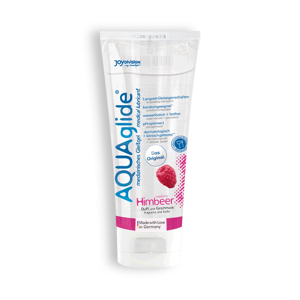 Frasco branco de gel lubrificante médico Aquaglide com texto azul e rosa