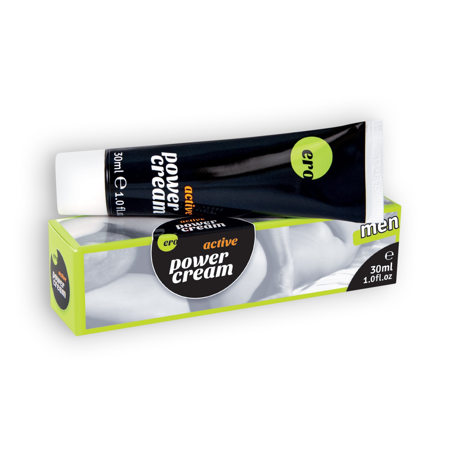 Tubo preto e embalagem verde com texto de creme power cream para homens