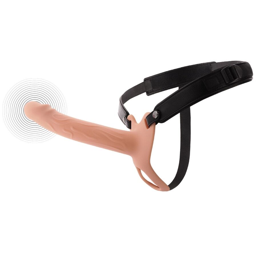 Cinta com dildo cor de pele texturizado e tiras pretas ajustáveis