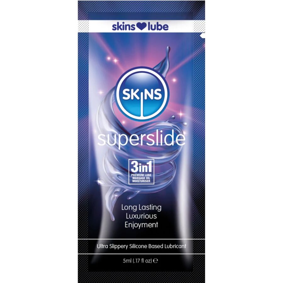 Embalagem de lubrificante Skins Superslide azul e roxo