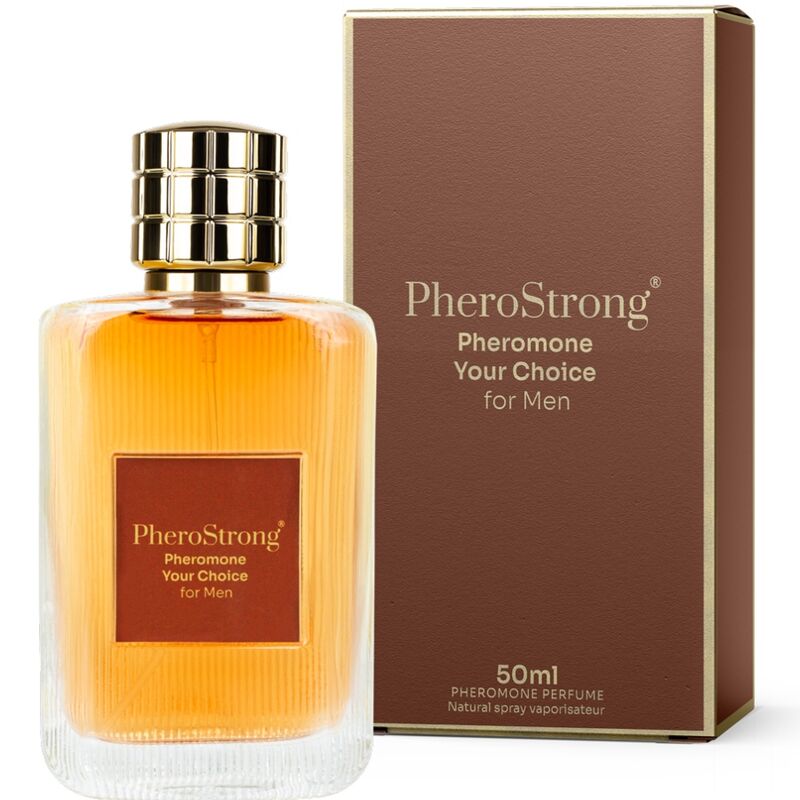 Frasco de perfume PheroStrong para homens com embalagem castanha