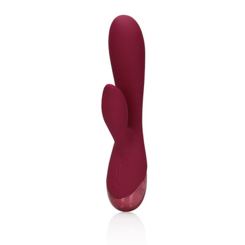 Vibrador duplo em silicone bordô com base rosada