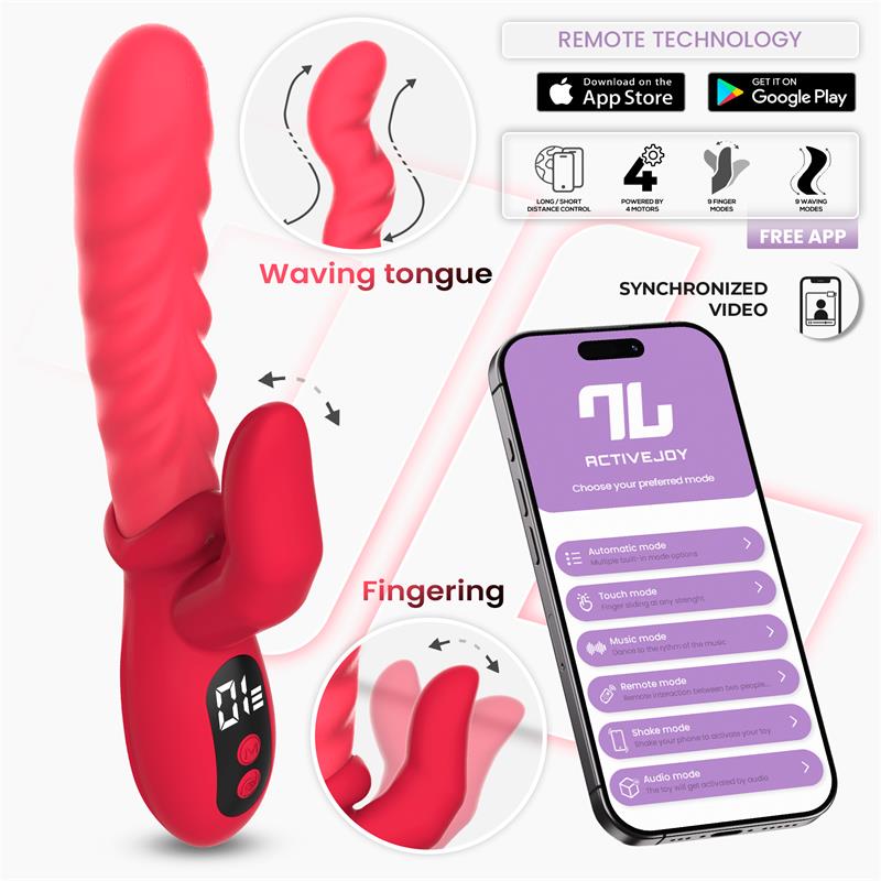 Vibrador vermelho com texturas onduladas e smartphone com app ActiveJoy