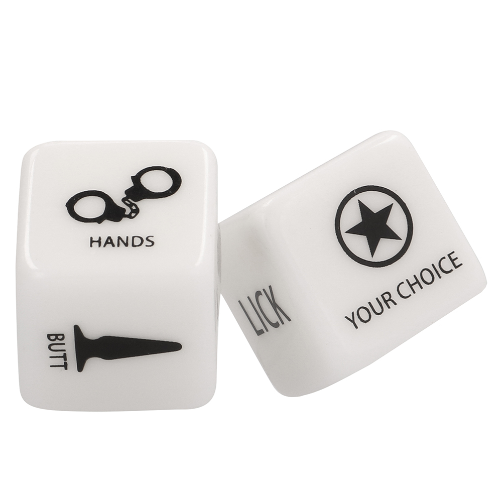 Dois dados brancos com símbolos e texto em preto ligados a jogos de escolha e ação.