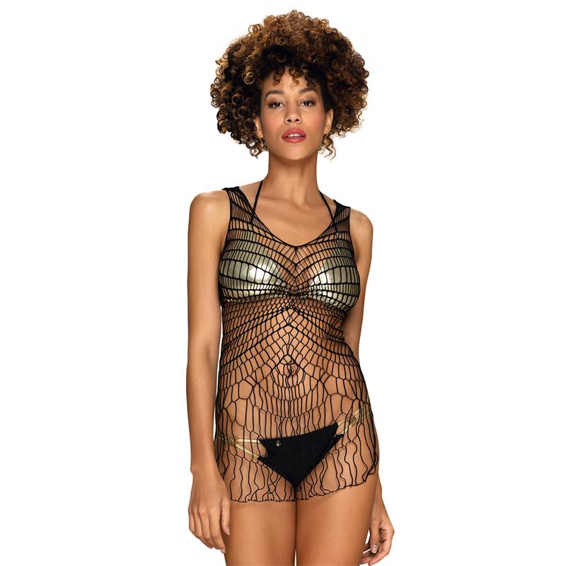 Vestido de rede preto transparente com bikini dourado metálico e cueca preta