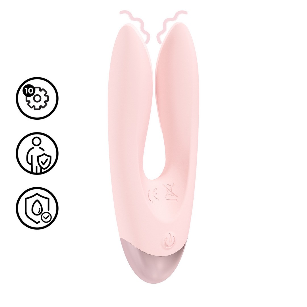 Dispositivo rosa bifurcado com ícones laterais pretos
