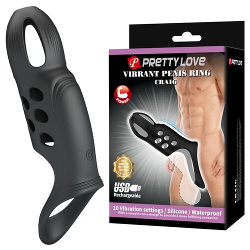 Anel peniano vibratório preto de silicone com embalagem à direita