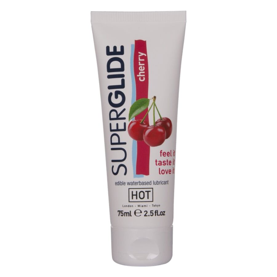 Frasco branco de lubrificante sabor cereja com imagem de cerejas e texto SUPERGLIDE cherry