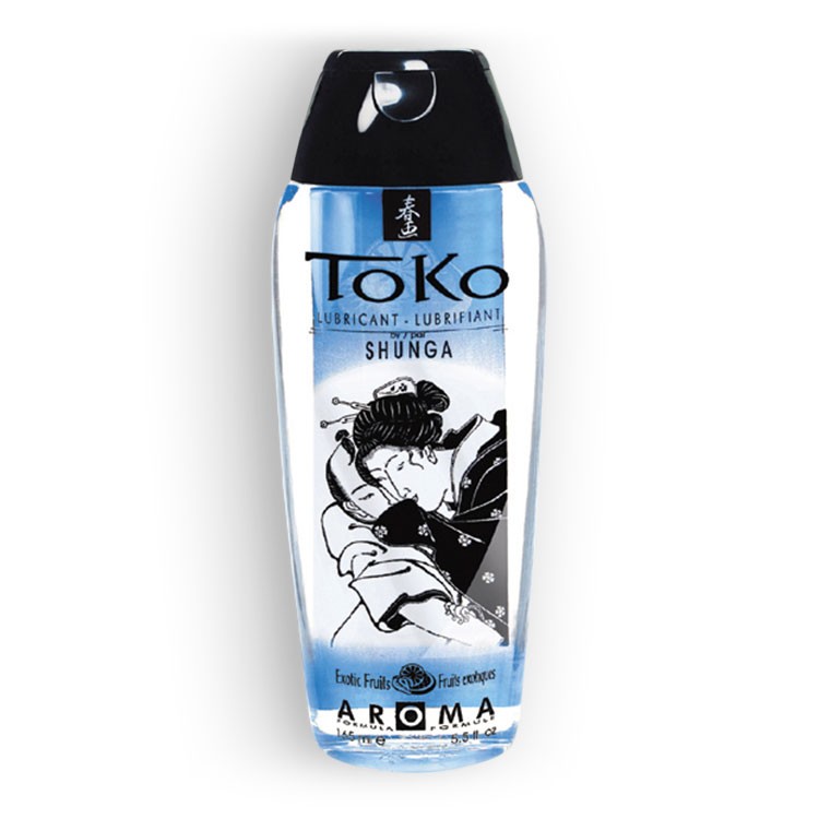 Frasco de lubrificante ToKo by Shunga com tampa preta e rótulo azul e branco