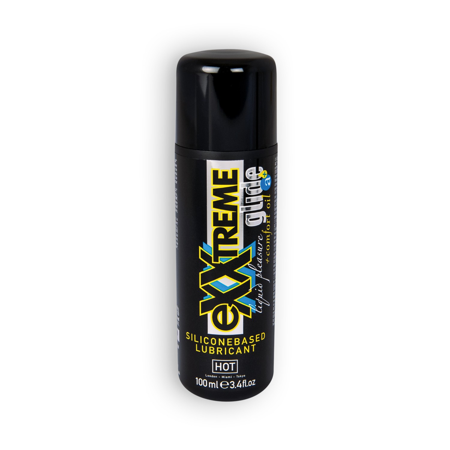 Frasco preto de lubrificante à base de silicone com tampa preta e texto amarelo e branco