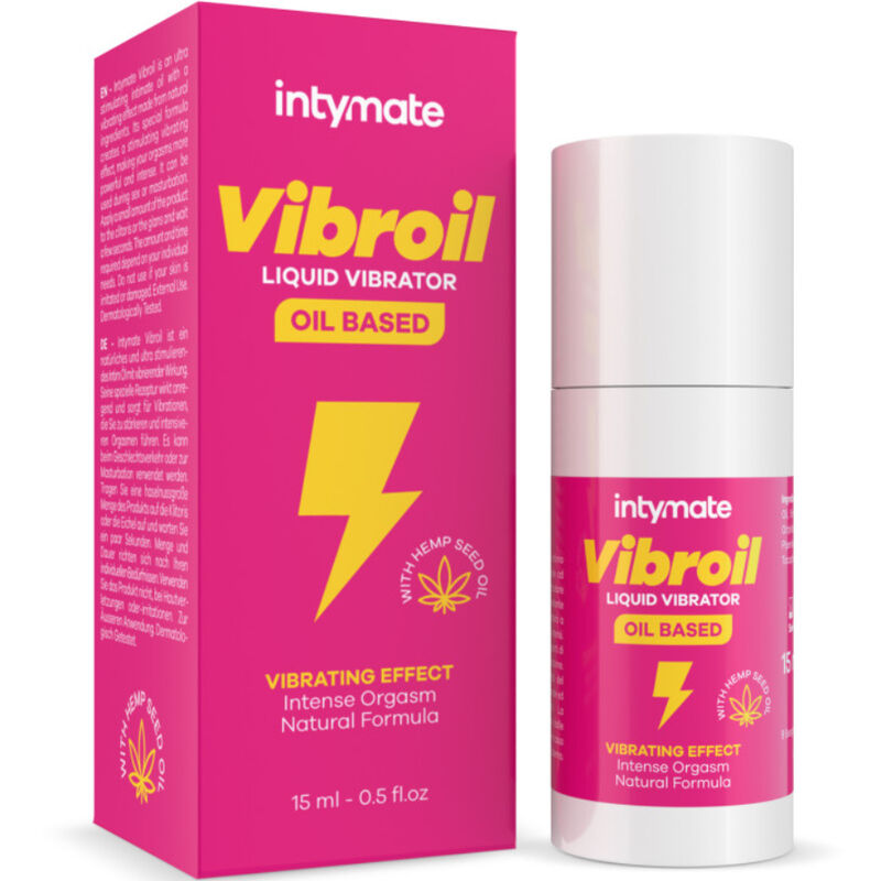 Frasco e caixa rosa do Vibrador líquido Vibroil, texto amarelo e branco, embalagem moderna.