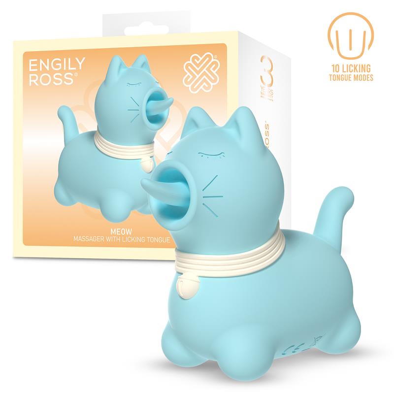 Massajador azul gato com língua, embalagem ENGILY ROSS.