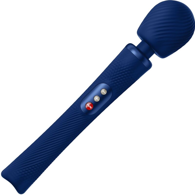 Massageador varinha azul escuro com botões e textura canelada