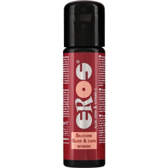 Frasco de silicone glide & care Woman EROS com rótulo vermelho e preto